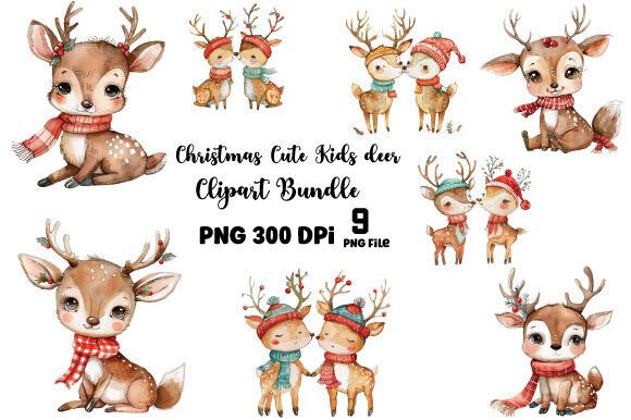 Christmas Cute Kids Deer Clipart Bundle for Creative Projects