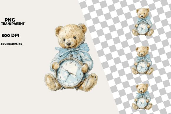 Cute Teddy Bear with Clock Watercolor